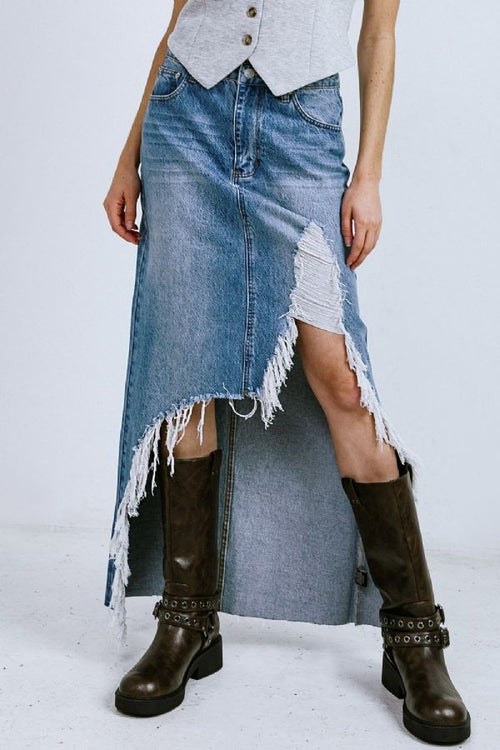 Light Indigo Washed Distressed Denim Midi Skirt