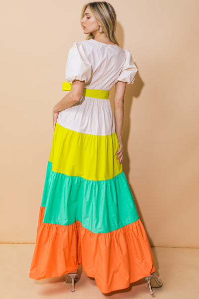 Multi Color Blocked Maxi Poplin Dress