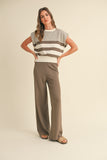 Mocha Mixed Stripe Pattern Knit Top