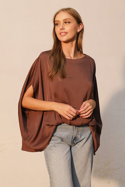 Mocha Washed Poly Silk Boat Neck Caftan Top