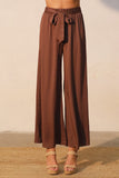 Mocha Washed Poly Silk Tie Waist Wide Leg Pants