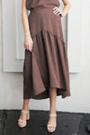 Mocha Matte Crepe High Low Ruffle Midi Skirt