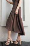 Mocha Matte Crepe High Low Ruffle Midi Skirt