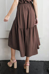 Mocha Matte Crepe High Low Ruffle Midi Skirt