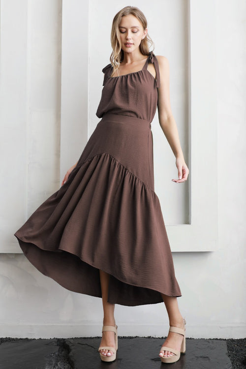 Mocha Matte Crepe High Low Ruffle Midi Skirt