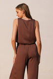 Mocha Washed Poly Silk Tie Waist Wide Leg Pants