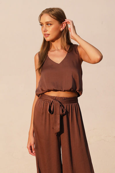 Mocha Washed Poly Silk V-Neck Crop Top