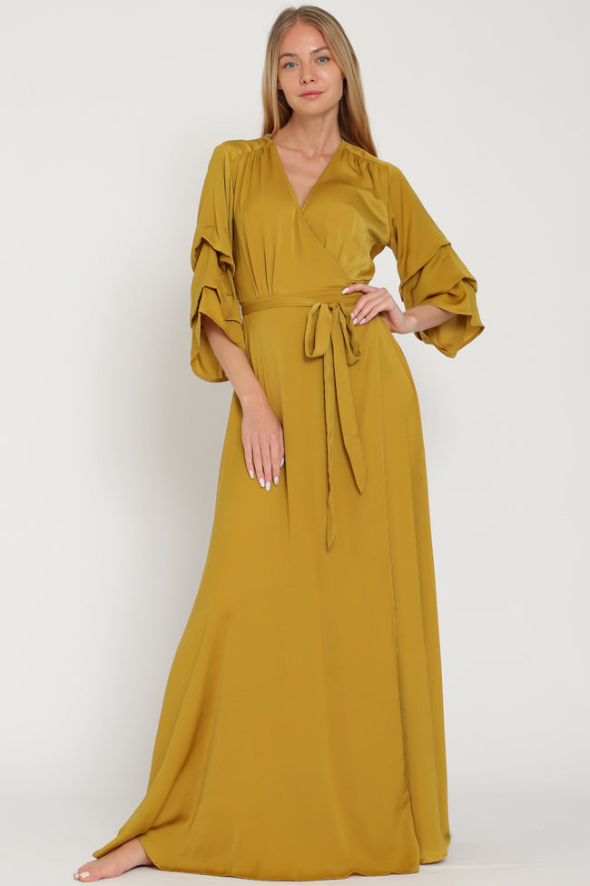 Mustard Long Shirring Sleeve Wrap Maxi Dress