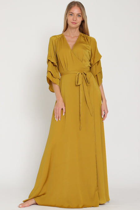 Golden Long Sleeve Fall Floral Printed Belted Maxi Dress