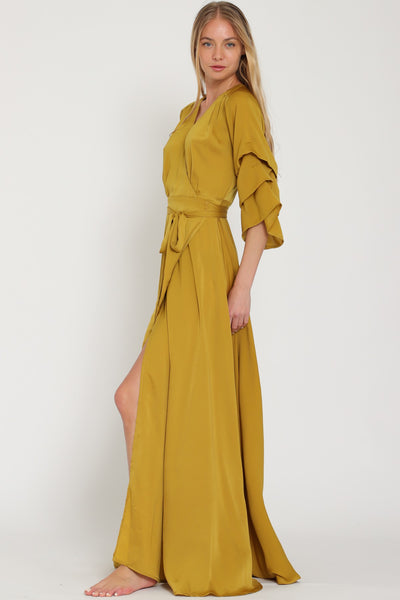 Mustard Long Shirring Sleeve Wrap Maxi Dress