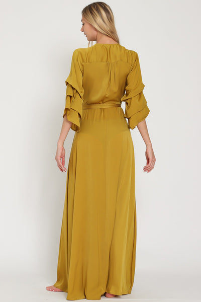 Mustard Long Shirring Sleeve Wrap Maxi Dress