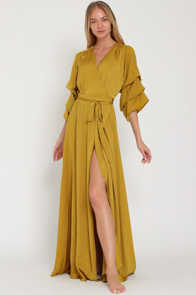 Mustard Long Shirring Sleeve Wrap Maxi Dress