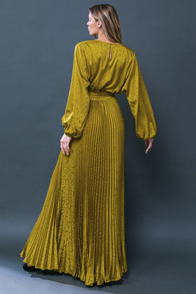 Mustard Colored Long Sleeve Jacquard Satin Maxi Dress