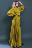 Mustard Colored Long Sleeve Jacquard Satin Maxi Dress