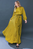 Mustard Colored Long Sleeve Jacquard Satin Maxi Dress