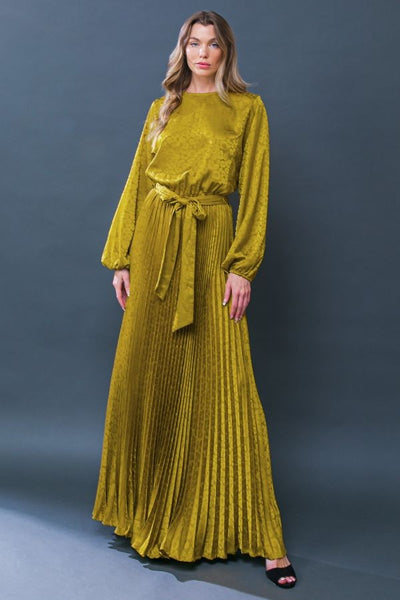 Mustard Colored Long Sleeve Jacquard Satin Maxi Dress