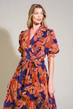 Navy and Red Floral Midi Dress with Puff Sleeve Detail