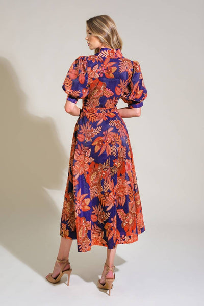 Navy and Red Floral Midi Dress with Puff Sleeve Detail