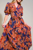 Navy and Red Floral Midi Dress with Puff Sleeve Detail