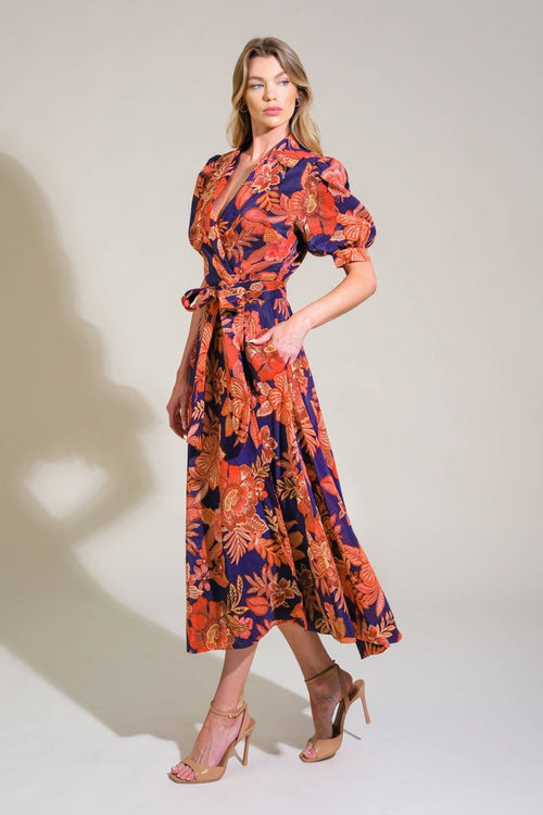 Navy and Red Floral Midi Dress with Puff Sleeve Detail