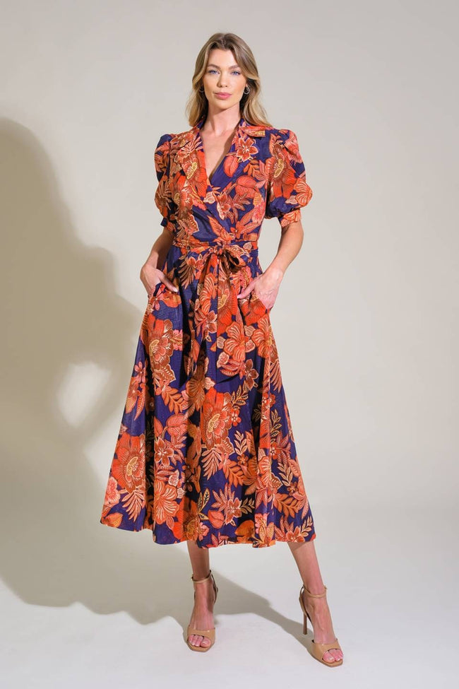 Navy and Red Floral Midi Dress with Puff Sleeve Detail