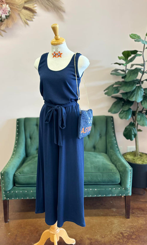 Navy Heavy Ribbed Knit Wide Leg Tank Jumpsuit