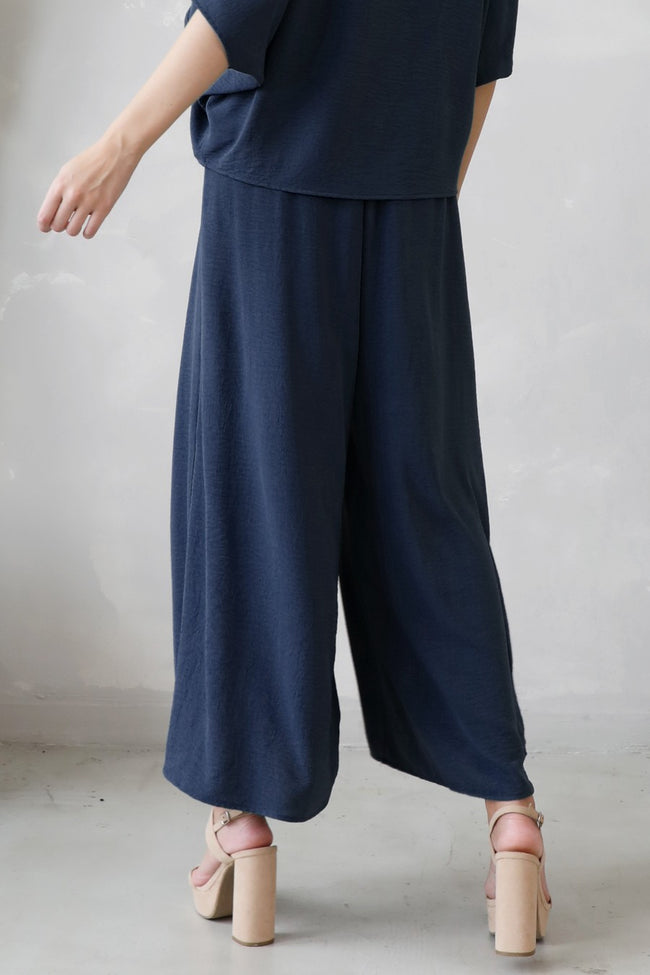 Navy Matte Crepe Pleated Wide Leg Pants