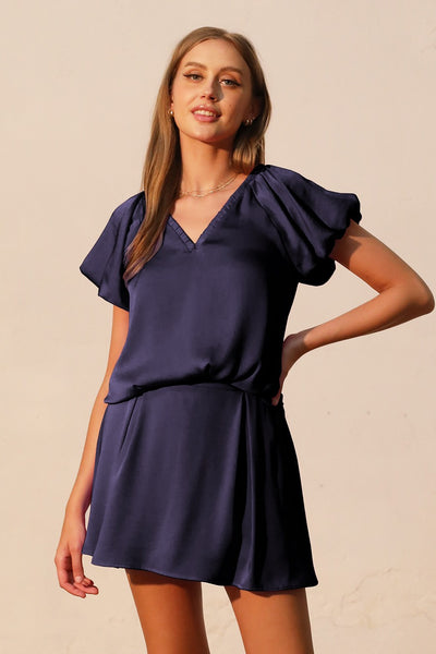 Navy Washed Poly Silk Elastic Neckline Top