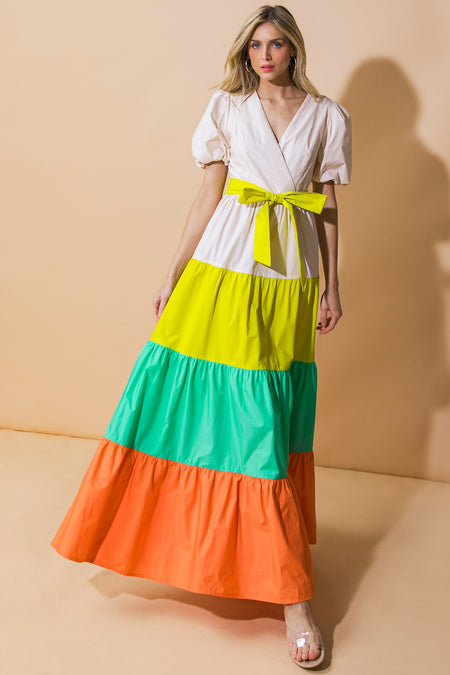 Lime Colored One Shoulder Kimono Sleeve Belted Maxi Dress