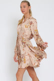 Nude, Beige & Multi Floral Long Sleeve Button Down Tie Front Mini Dress