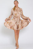 Nude, Beige & Multi Floral Long Sleeve Button Down Tie Front Mini Dress