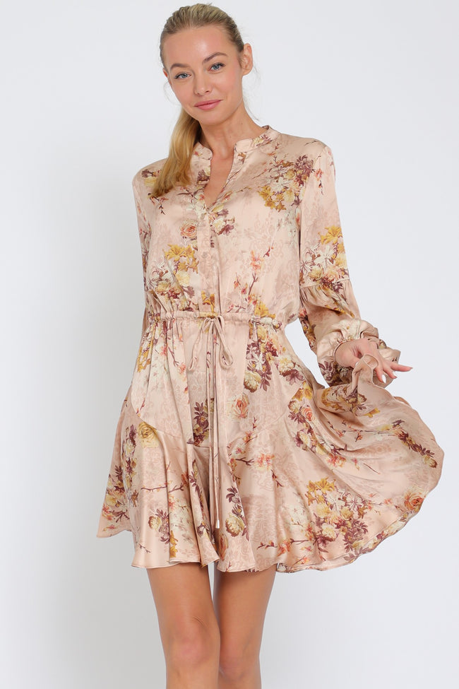 Nude, Beige & Multi Floral Long Sleeve Button Down Tie Front Mini Dress