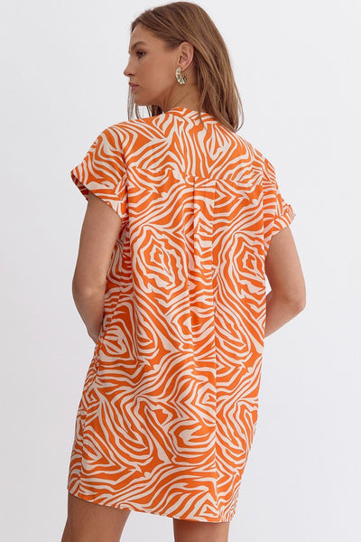 Orange Printed Short Sleeve V Neck MIni Dress