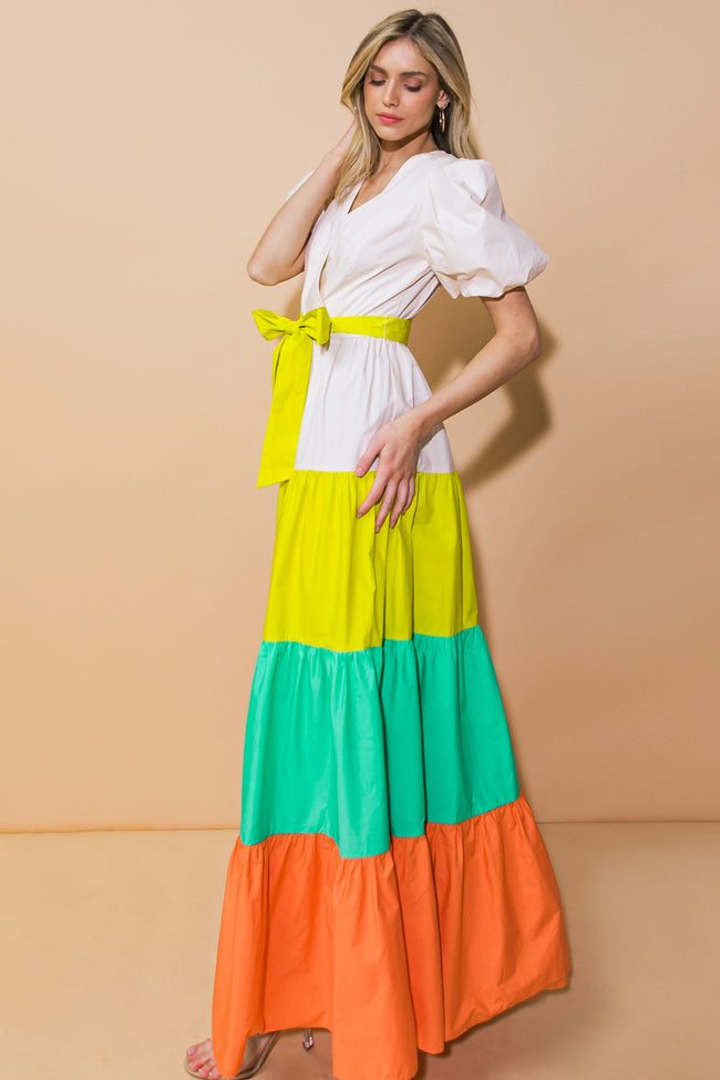 Multi Color Blocked Maxi Poplin Dress