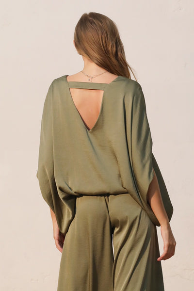 Olive Washed Poly Silk Caftan Top with Back Band