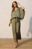 Olive Washed Poly Silk Caftan Top with Back Band