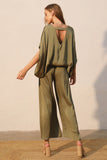 Olive Washed Poly Silk Caftan Top with Back Band