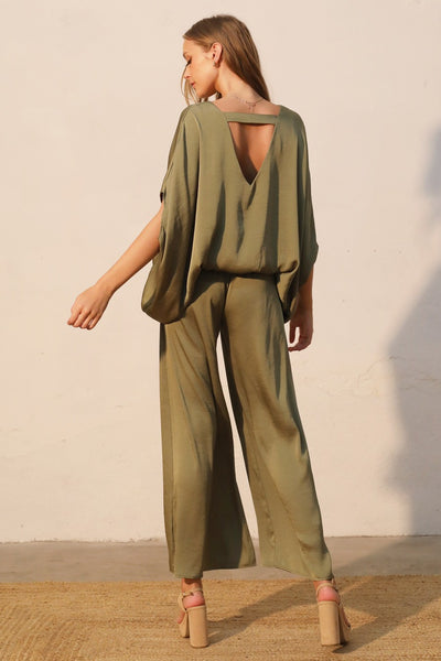 Olive Washed Poly Silk Caftan Top with Back Band