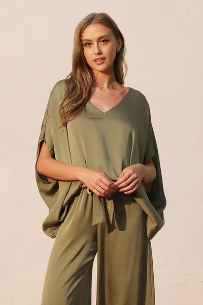 Olive Washed Poly Silk Caftan Top with Back Band