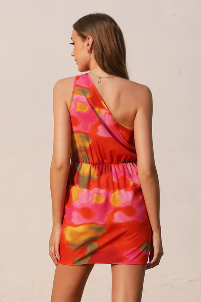 Red Malibu Sunset One Shoulder Wrap Mini Dress