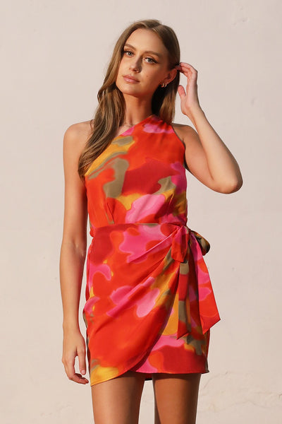 Red Malibu Sunset One Shoulder Wrap Mini Dress