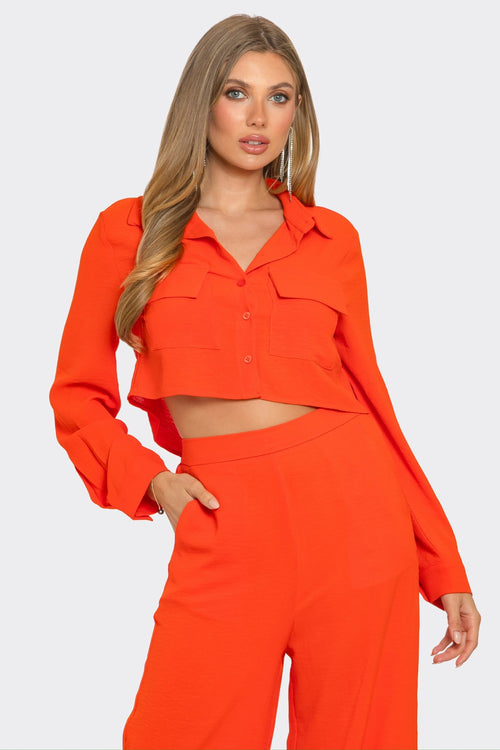 Orange Cropped Button Up Blouse with Pockets