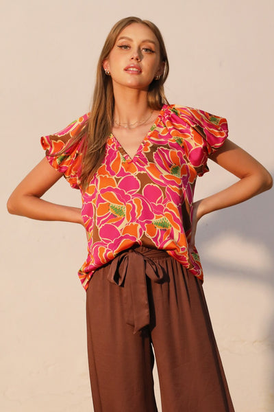 Orange Super Bloom Elastic Neckline Top