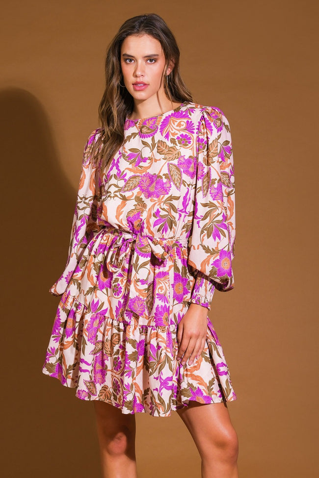 Ivory & Orchid Printed Long Sleeve Woven Mini Dress