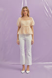 Peach Colored Pearl Organza Puff Sleeve Peplum Top