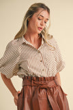 Pecan Colored Striped Bubble Sleeve Blouse