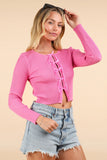 Pink Front Ribbon Bow Trim Fitted Knit Sweater Cardigan