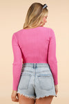 Pink Front Ribbon Bow Trim Fitted Knit Sweater Cardigan