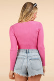 Pink Front Ribbon Bow Trim Fitted Knit Sweater Cardigan