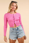 Pink Front Ribbon Bow Trim Fitted Knit Sweater Cardigan